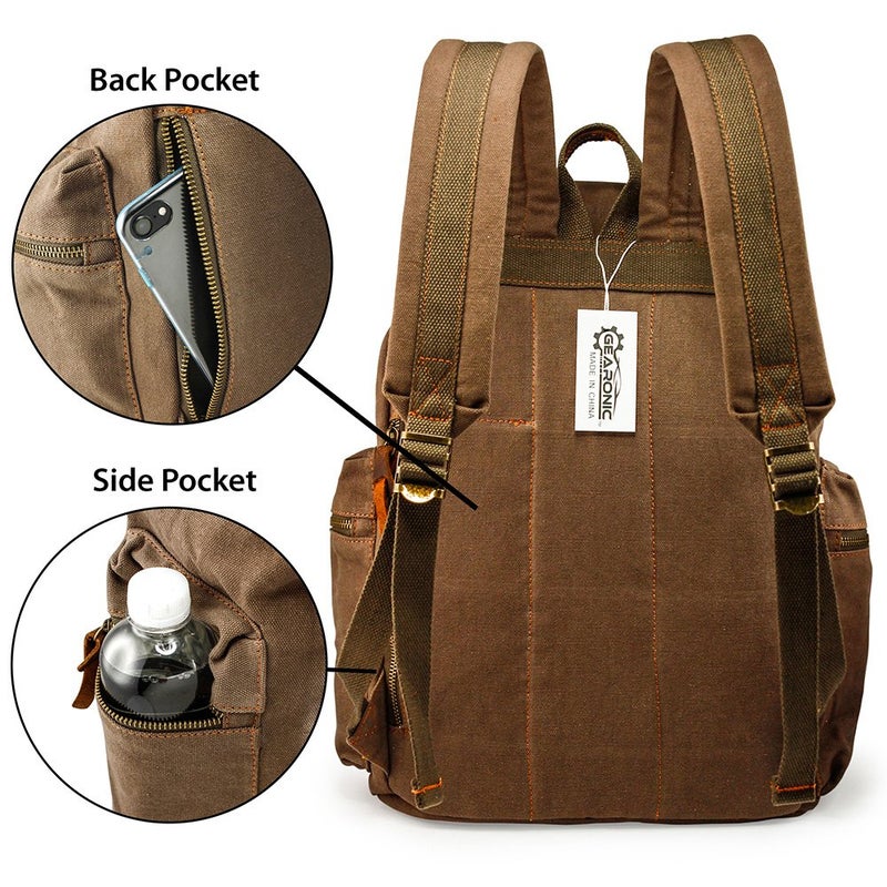 GEARONIC Vintage Canvas Backpack, Casual Daypack Backpacks for Men Women, 15inch Laptop Bag Travel Hiking Camping Rucksack - Brown - Image 1